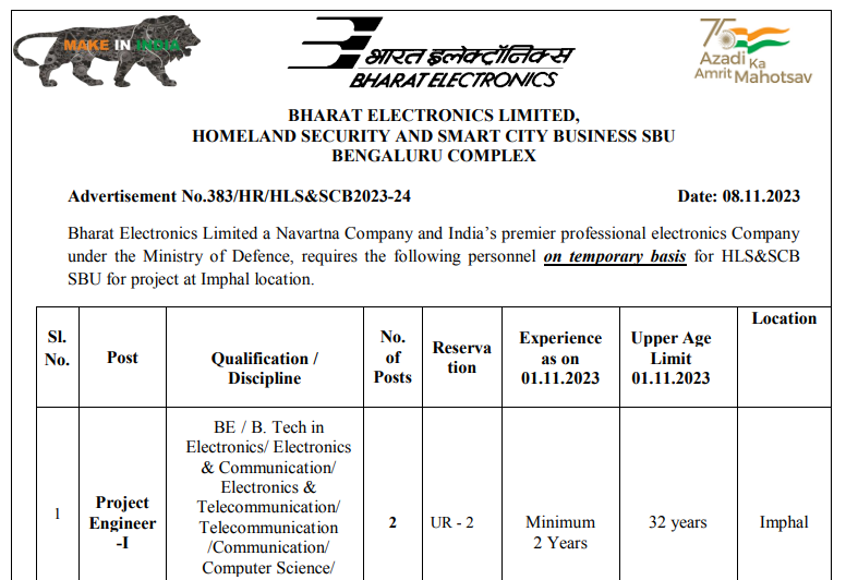 Bharat Electronics Limited Recruitment 2023