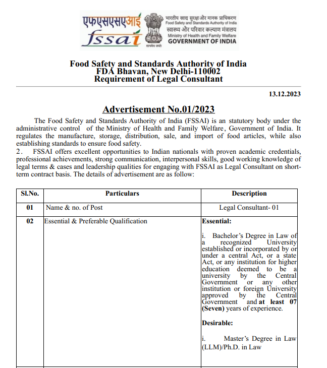 Food Safety and Standards Authority of India Vacancy 2024