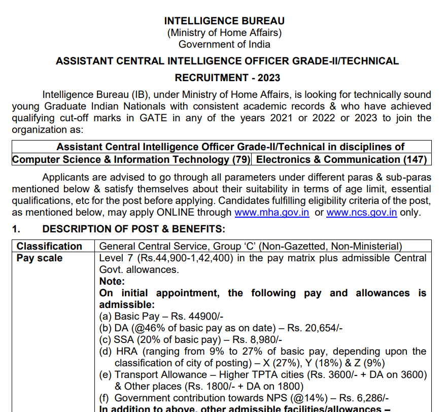 Intelligence Bureau Vacancy 2024 