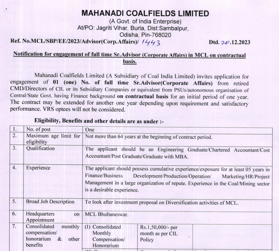 Mahanadi Coalfields Recruitment 2024