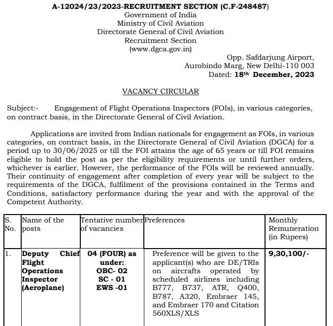 Ministry of Civil Aviation Vacancy 2024 