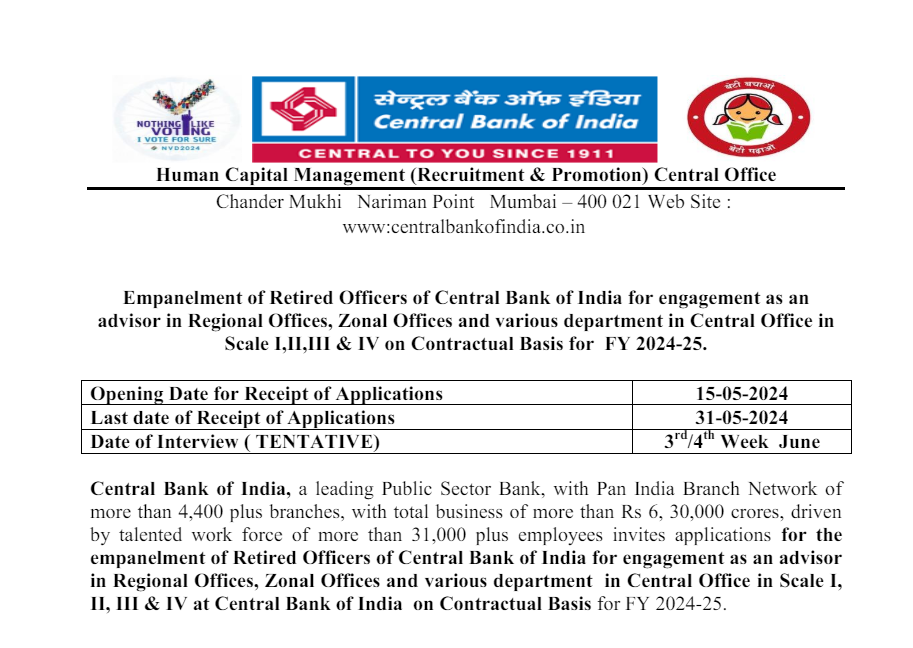 Central Bank Of India Advisor Vacancy 2024