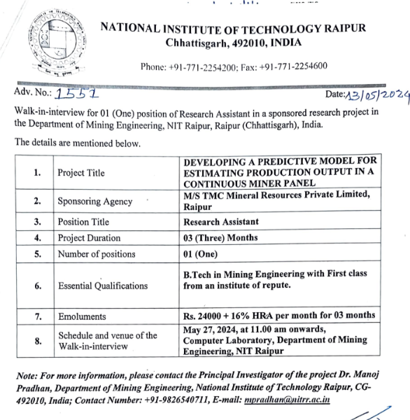 NIT Raipur Research Assistant Post Vacancy 2024